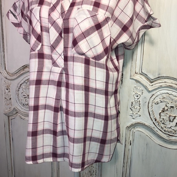 William Rast Short Dolman Sleeve Collar Pop Over Cotton Blend Plaid Top Size M - Picture 3 of 12